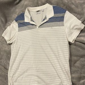 White polo shirt with blue and grey stripes, size Xl